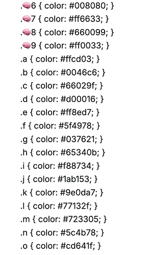 Screenshot of the the CSS code with letter to hex code mappings
