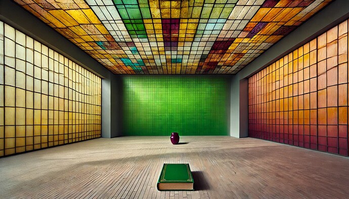 DALL·E 2024-11-10 20.20.55 - A wide-angle horizontal photograph of a large empty art gallery room with three visible walls. The walls are made of stained glass, one wall is green,