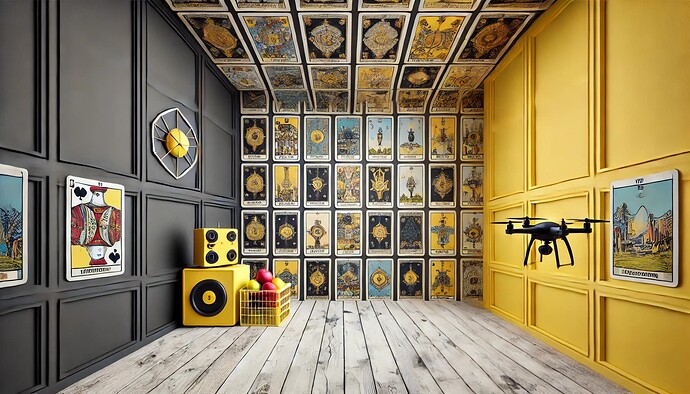DALL·E 2024-11-03 16.17.06 - Empty room with walls made of tarot cards, one wall in black and another wall in yellow. In the corners, there is a yellow drone and a blue fruit bask