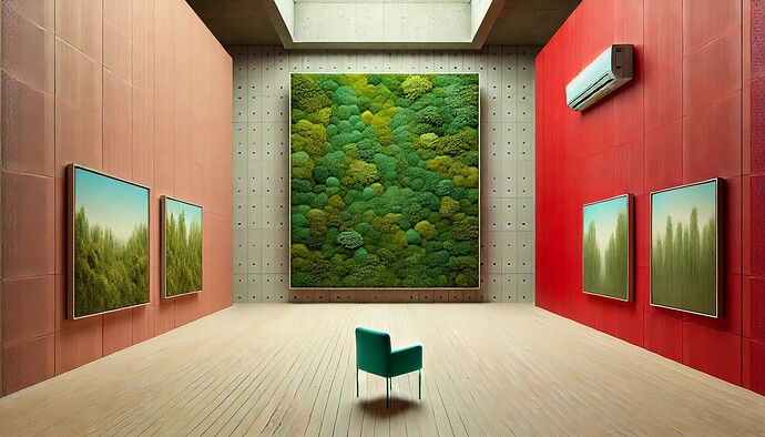 DALL·E 2024-11-10 20.20.43 - A wide-angle horizontal photograph of a large empty art gallery room with three visible walls. The walls are made of lush moss panels, one wall is red