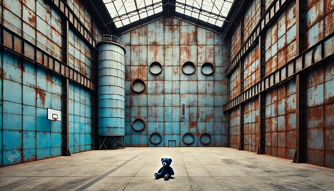 DALL·E 2024-11-10 16.48.23 - A wide-angle horizontal photograph of an empty industrial warehouse with three visible walls. The walls are made of rusted iron rings, one wall is sky